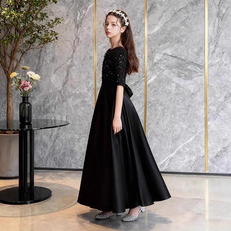 Черное formalное платье для девочек, для выступления на фортепиано, скрипке, ведущей, художественного экзамена, вечернее платье