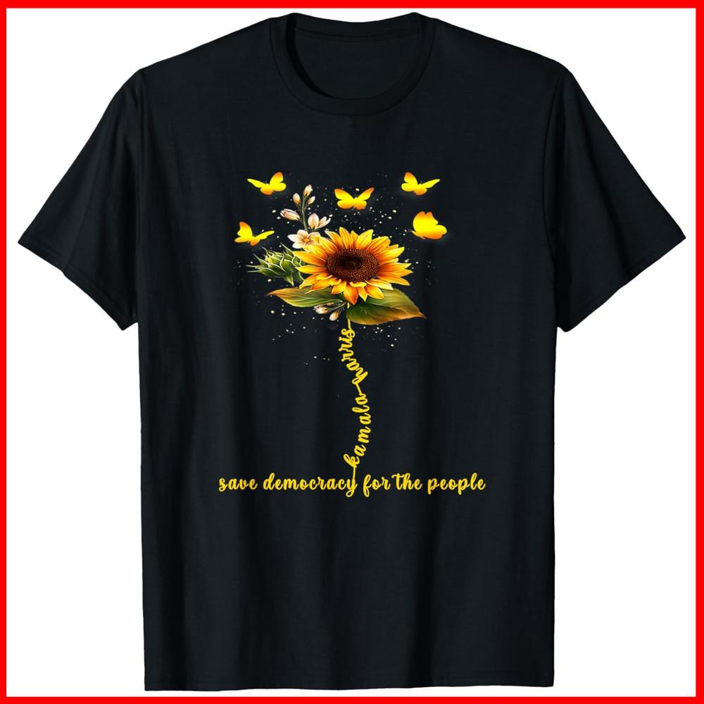Kamala Harris 2024 Save democracy For the people Sunflower Black Cotton T-Shirt Unisex T-Shirt