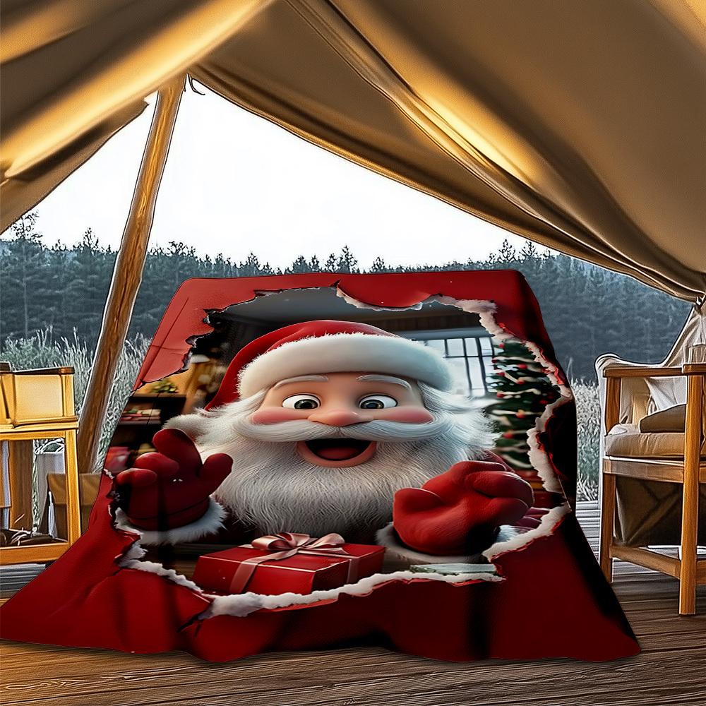 1pc Christmas Santa Claus Outdoor Flannel Blanket Soft All Season Polyester Throw , Perfect for Picnics & Travel , Picnic Accessory