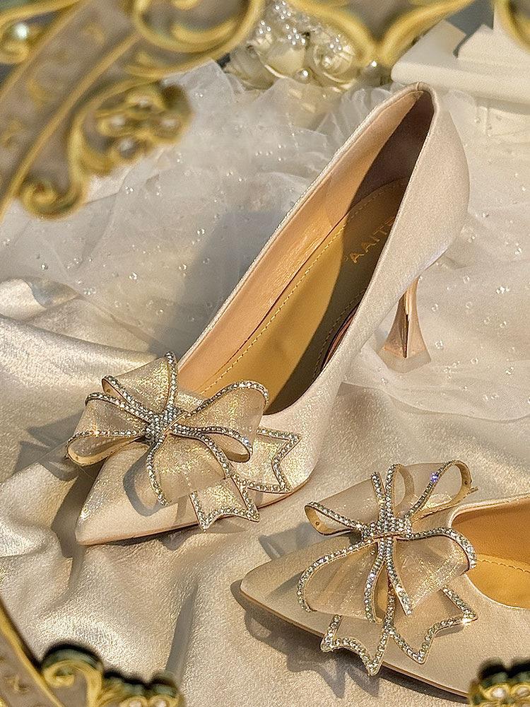 Новые атласные туфли-босоножки с бантом из стразов на высоком каблуке-шпильке в сказочном стиле, римские туфли