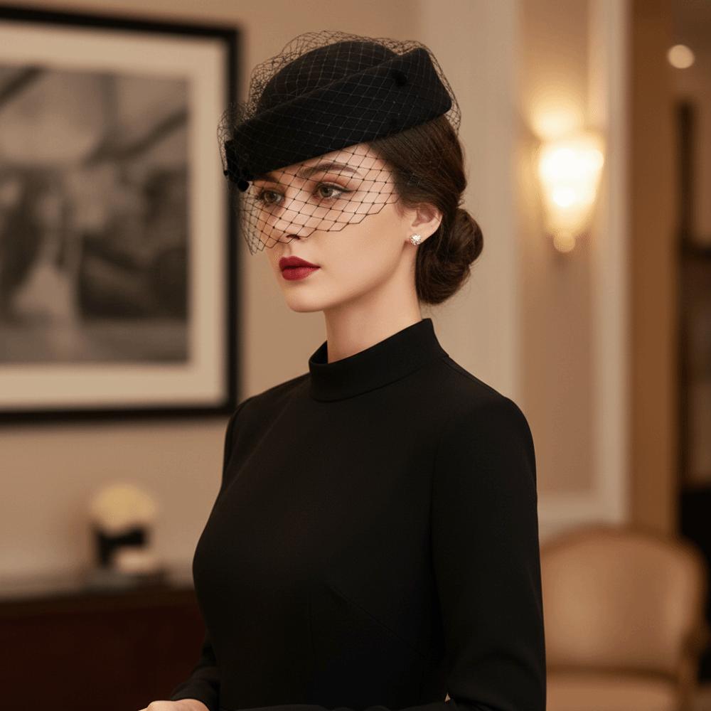British Style Wool Bow Hat with Veil Solid Color Topper Hat Fashion Pillbox Hat Dinner