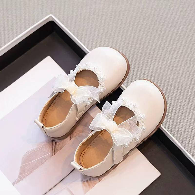 Girls Princess Shoes 2026 White Low-Heel Dress Kids With Bow Soft Rubber Sole Closure