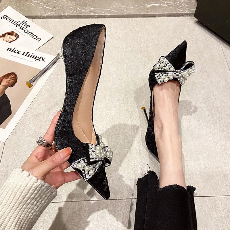 Новые сексуальные свадебные туфли Prals со стразами и бантом, женские туфли-лодочки на высоком каблуке, острый носок, металлический каблук, черный, бежевый, Прямая поставка