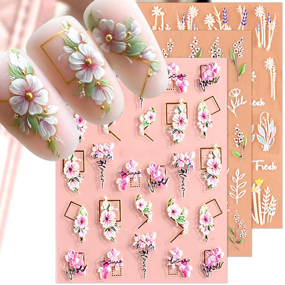 5D Flower Nail Stickers,3D Embossed Flower Nail Stickers Self Adhesive Nail Art Stickers 5D Flower Nail Design Nail Supplies DIY Nail Decoration