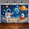 2D plane featuring astronaut in space background. Cartoon astronaut giving a thumbs-up on the lunar surface.