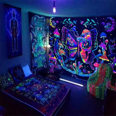 1 шт. Флуоресцентный гобелен с бабочкой и черепом, гобелен с растениями, грибами, цветами и луной для УФ-черного света, настенное украшение для дома