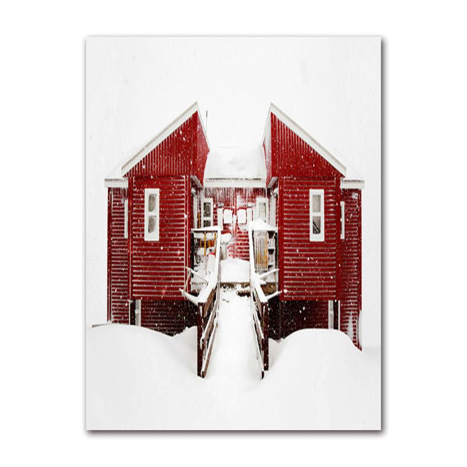 Scenery Poster Wall Art Canvas Painting Modern Elk Snow Wood House Picture Home Decor Prints for Christmas Living Room Design