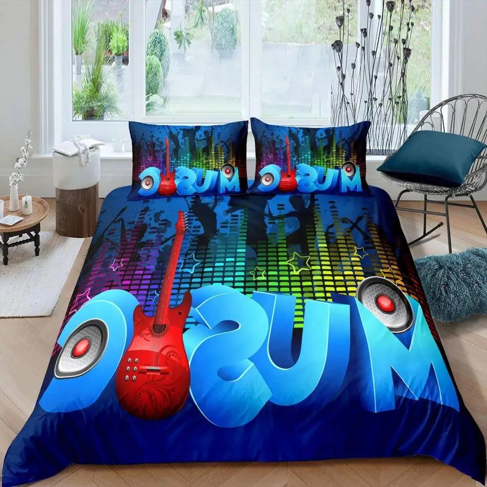 Premium Guitar Duvet Cover Kingqueen Size Rock Music Bedding For Kids Teens Vintage Guitar On Wooden Floor Polyester Quilt Cover Grey