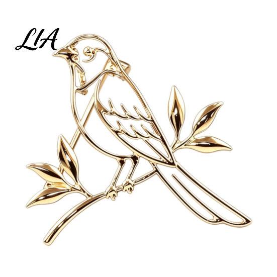 Hollow Bird Pin Golden Plated Brooch, Standing on Branch Brooch Lapel Pin, Hats Bags Scarves Clothes Decorative Accessory Elegant