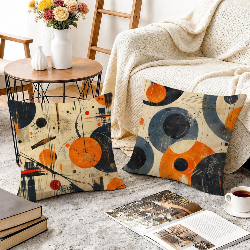 Abstract Circle Art Orange Black Cushion Cover Durable Hypoallergenic Organic Linen Pillow Cover Washable SkinFriendly