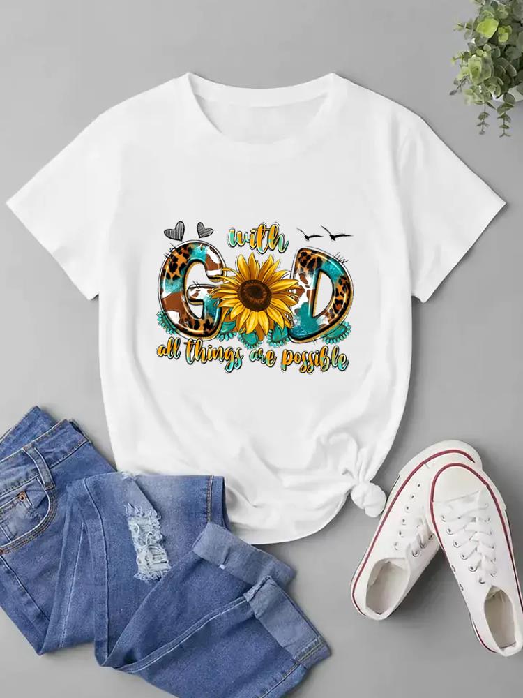 (Азиатский размер) Женская модная футболка Faith Love Trend, милый стиль, модная футболка с короткими рукавами, одежда с принтом, женская повседневная футболка, женские футболки с графикой