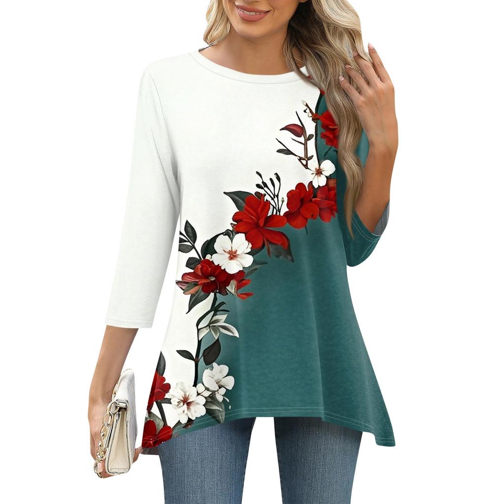 3/4 рукав туника топы для женщин принтованный повседневный выходной свободный крой модная базовая футболка с круглым вырезом