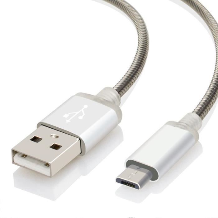 Câble Micro USB - Métal Argenté - Lot de 2 - 1M - Compatible Android - Connecteur Micro USB
