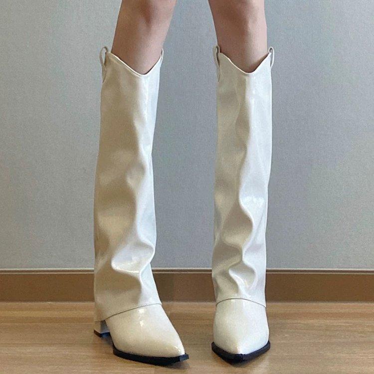 Кожаные массивные женские высокие сапоги с острым носком, модные туфли на высоком каблуке 2025 года, трендовые зимние новые туфли-лодочки до колена, мотоциклетные ботинки