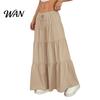 Elastic Waistband Skirt Women Long Spring Summer Middle Waist A Line Flowy Swing Occasion Breathable Solid Color Drawstring Pleated Casual Elegant