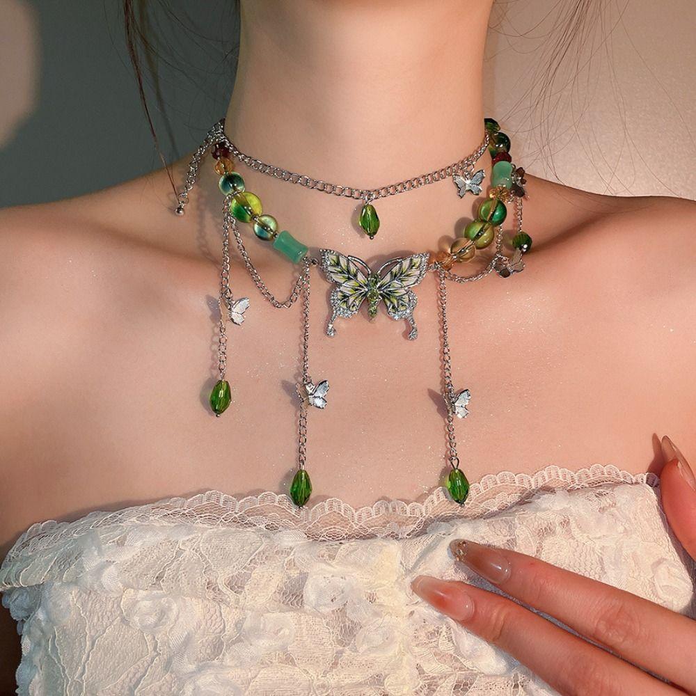 Long Tassel Butterfly Pendant Necklace Y 2 K Rhinestone Butterfly Necklace Collarbone Chain