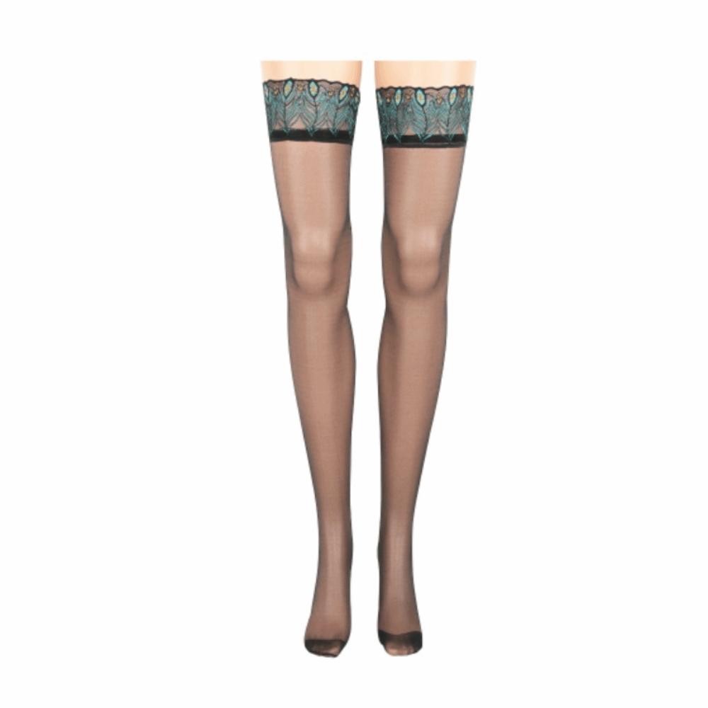 Ladies Anti Slip Embroidery Lace Over Knee Stockings Striped Peacock Feathers Stocking Thigh Highs
