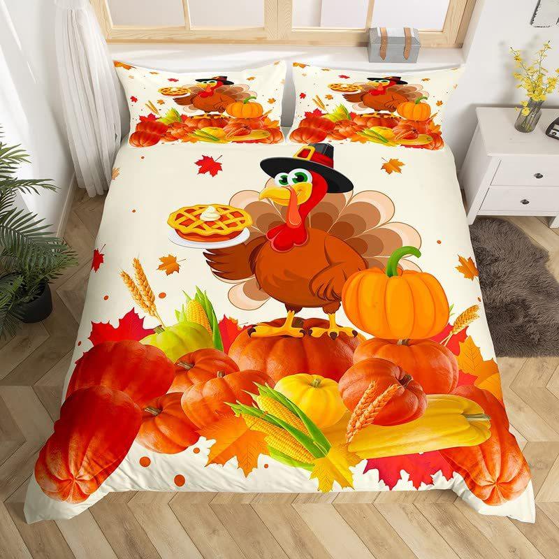 Turkey Three-Piece Quilt Cover 3D Digital Printing Bedding Autumn Pumpkin Maple Leaf Bed Cover