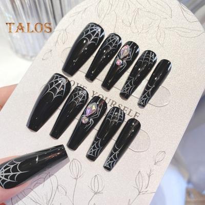 1 комплект накладных ногтей в виде паутины на Хэллоуин с клеем, готические черные длинные накладные ногти, полное покрытие, домашний салон, для женщин и девочек, акриловый набор для накладных ногтей