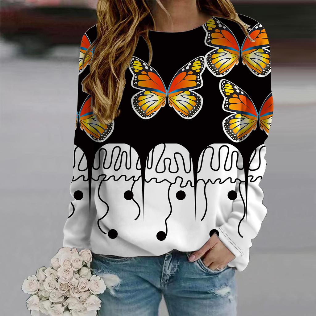 Осенняя женская мода с круглым вырезом и длинным рукавом, свободная одежда, синяя футболка с принтом в виде пятнистой бабочки для девочек, уличная