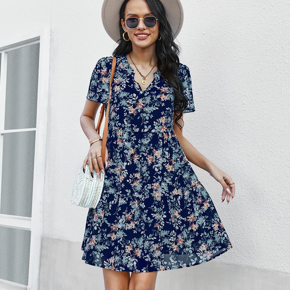 Spring Print Women Short Sleeve V Neck Floral Summer Chiffon Dress