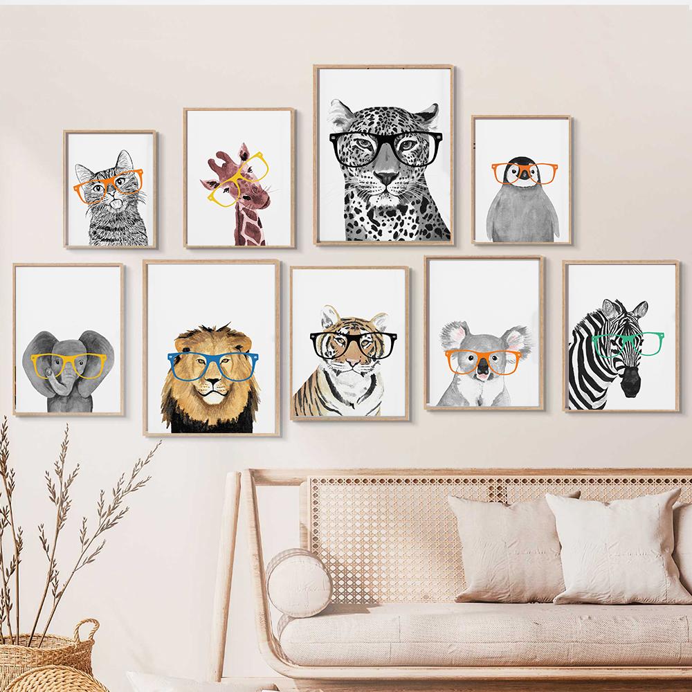 Сафари детеныши животных лев зебра в очках постеры холст картина детская настенная живопись печать детская комната фотографии скандинавский детский декор