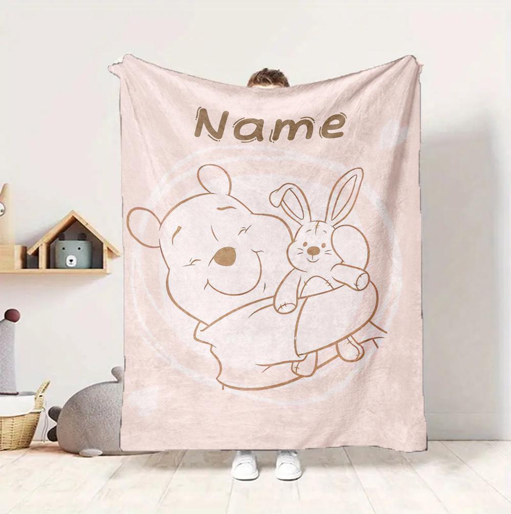 Custom Name Pooh Rabbit Flannel Blanket Throw Blanket Soft Warm Sofa Bed home Decor Unique Gift