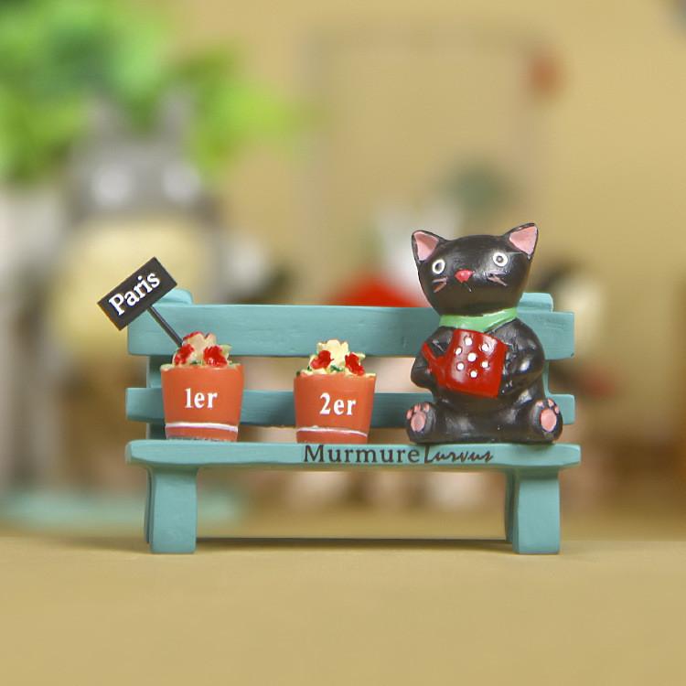 Cute Black Cat Sitting On Bench Watering Flowers Desktop Figurine With Planting Scene For Office Decor And Gift