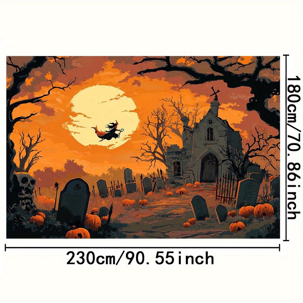 1 Terrifying Halloween Graveyard Scene Background Cloth - Wizard Riding Broom Moonlight Graveyard Carrying Pumpkin and Skull