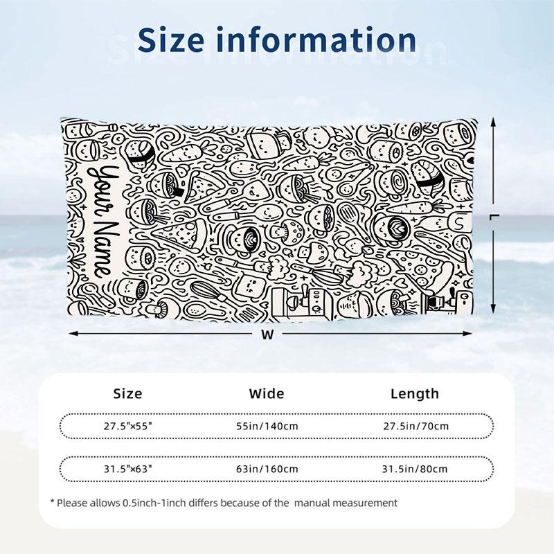 Food Doodle Background Theme Quick Dry Beach Towel Custom Name Text Print Large Sand Resistant Towel Beach Vacation