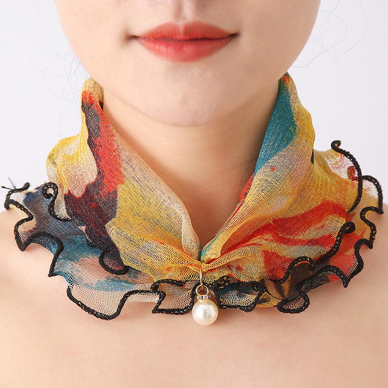 Lace Elegant Thin Neckerchief Colorful Print Mesh Scarf Faux Pearl Pendant Neck Scarf Gauze Women Accessories