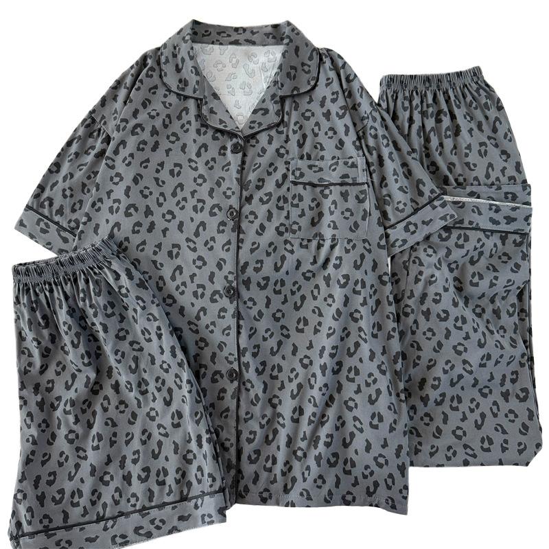 High-end leopard print imitation cotton pajamas women's spring new fashion temperament ins short-sleeved three-piece loungewear