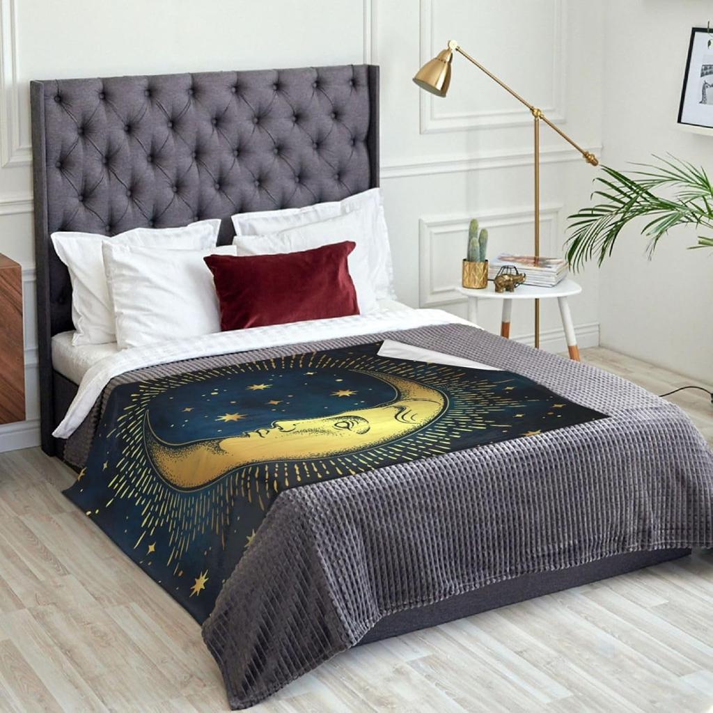 Golden Moon Star Blanket Soft Lightweight Throw Blankets Cozy Flannel Bed Throws for Sofa Couch Travel Home Room Bedroom Decor G