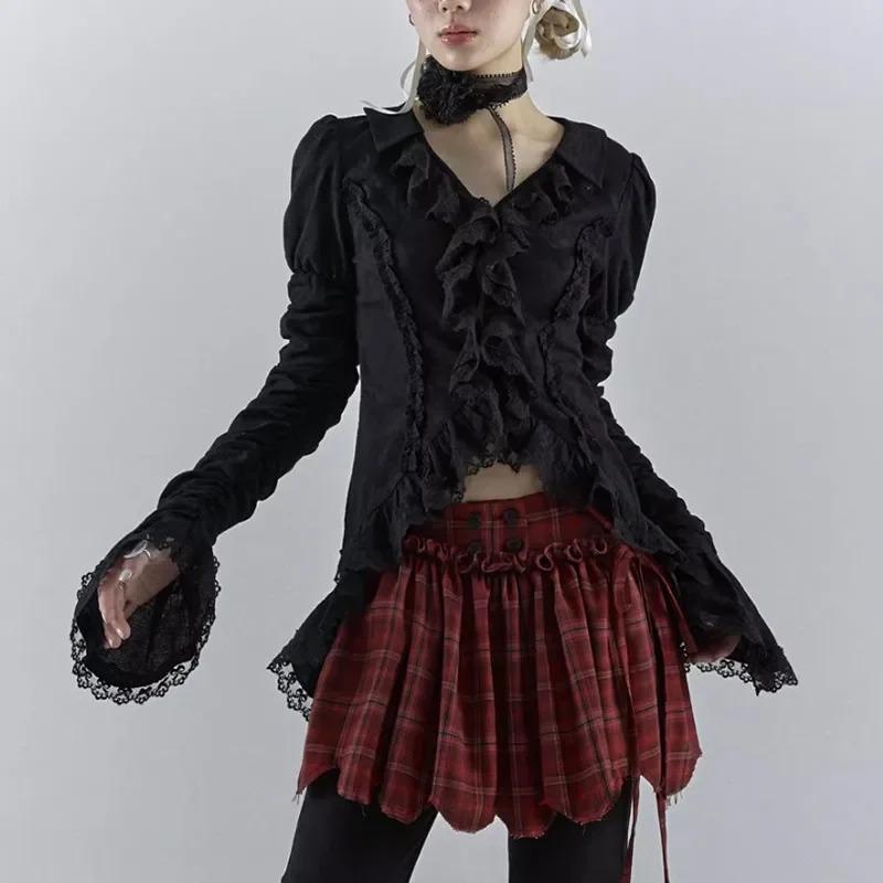 2026 Готическая Черная Кружевная Рубашка Темная Эстетика Неправильные Блузки Футболки Гранж Расклешенные Рукава V-образный Вырез Рубашка Винтажная Y2k Эмо