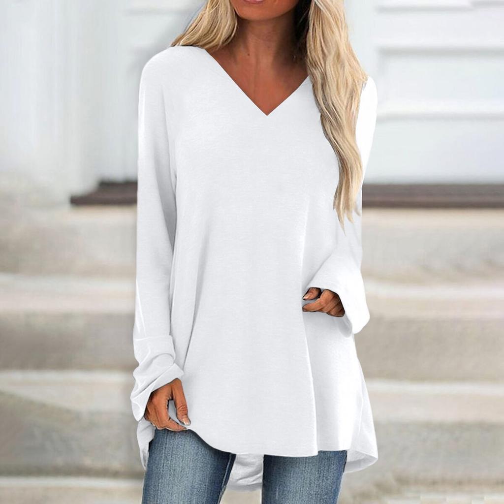 Women's Fashion Casual T-shirt Solid Color Long Sleeve V-neck Medium Long Top