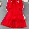 Autumn Vintage Women Long Dress Elegant Bow Collar Lantern Sleeve Single Breasted Pleated Maxi Female Red Purple Dresses