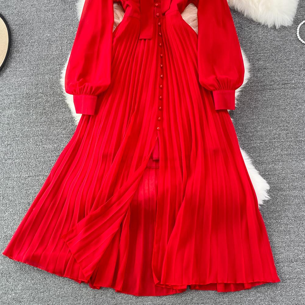 Autumn Vintage Women Long Dress Elegant Bow Collar Lantern Sleeve Single Breasted Pleated Maxi Female Red Purple Dresses