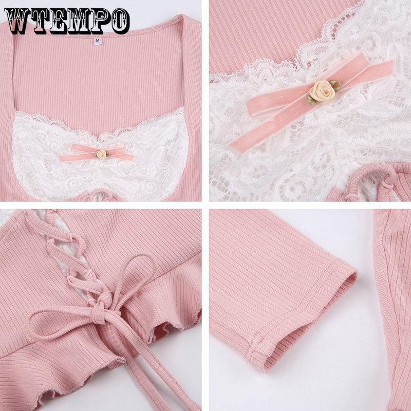 WTEMPO Розовые лоскутные вязаные топы Kawaii, повседневные базовые футболки с рюшами и шнуровкой в ​​японском стиле Y2K Lolita