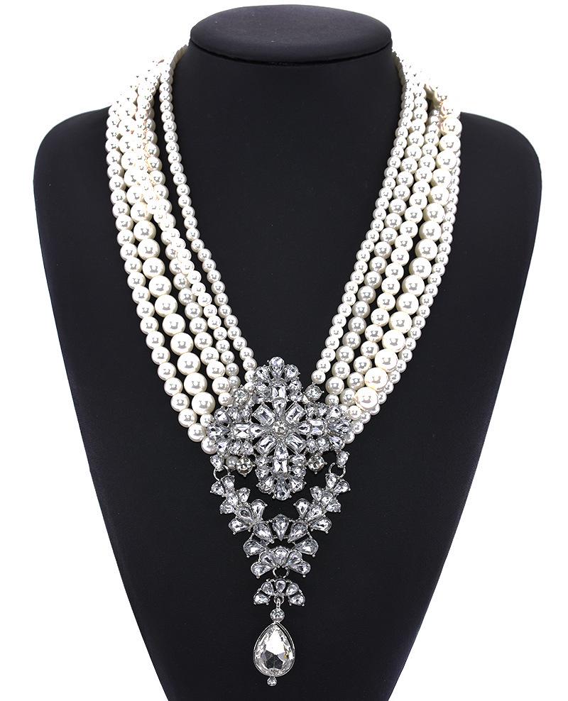 European & American Multi-Layer Pearl Crystal Water Drop Pendant Necklace - Trendy and Bold Design