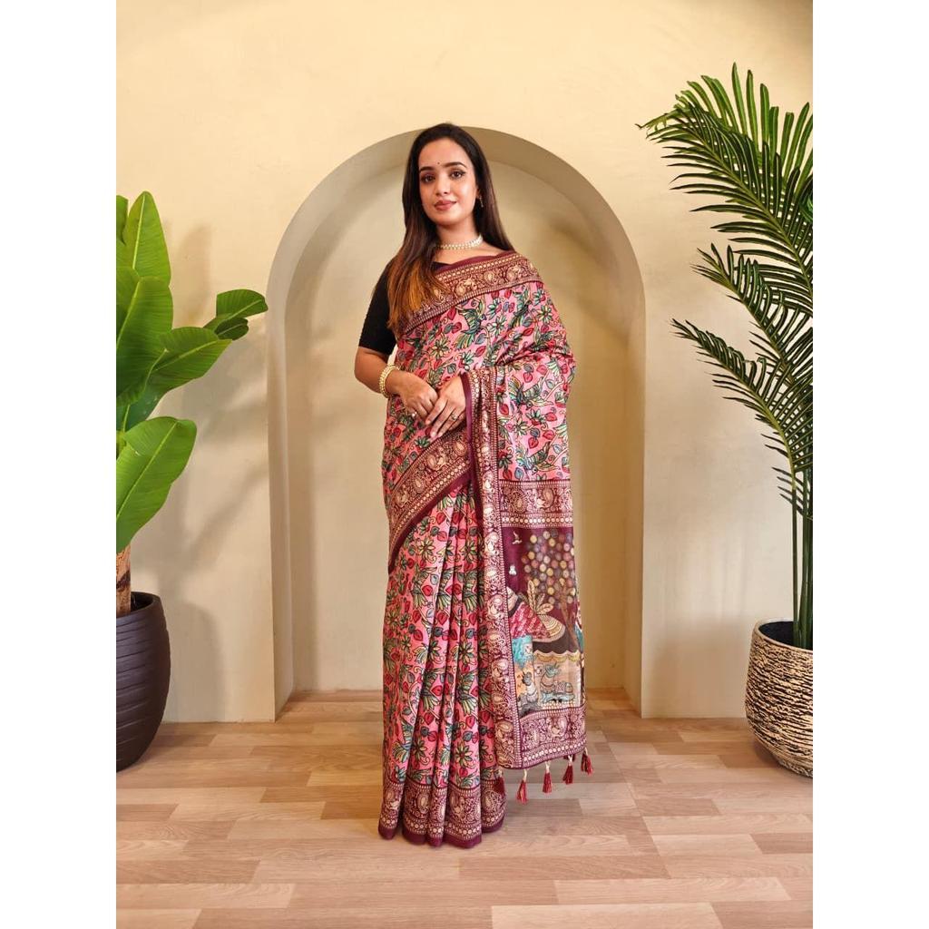 Мягкие хлопковые сари чандери с цифровым принтом каламкари и кисточками по всему сари.