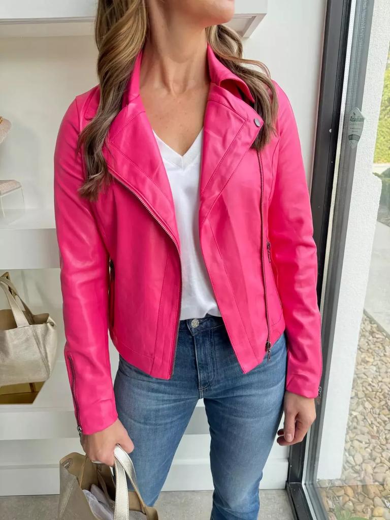 Настоящая мягкая овечья кожа мотоциклетный стиль розовая женская куртка байкер стильный