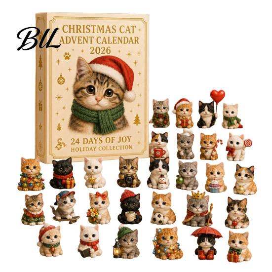 24 Day Christmas Countdown Cat Advent Calendar, with Cute Ornaments, Calendar 2D Acrylic Kitty Holiday Decorations, Gift for Kids, Party Favors Gifts