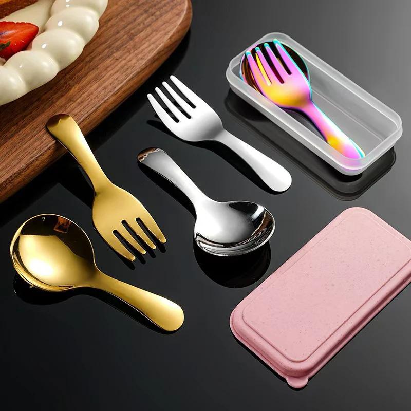 2pcs/Set Mini Portable Spoon Fork Tableware Outdoor Camping Stainless Steel Cutlery Set For Lunch Hiking Camp Cooking Supplies