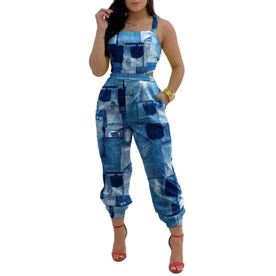 Женский комбинезон с квадратным воротником и открытыми плечами, без рукавов, на шнуровке, с карманами, с цветочным узором, длинные комбинезоны, уличная одежда