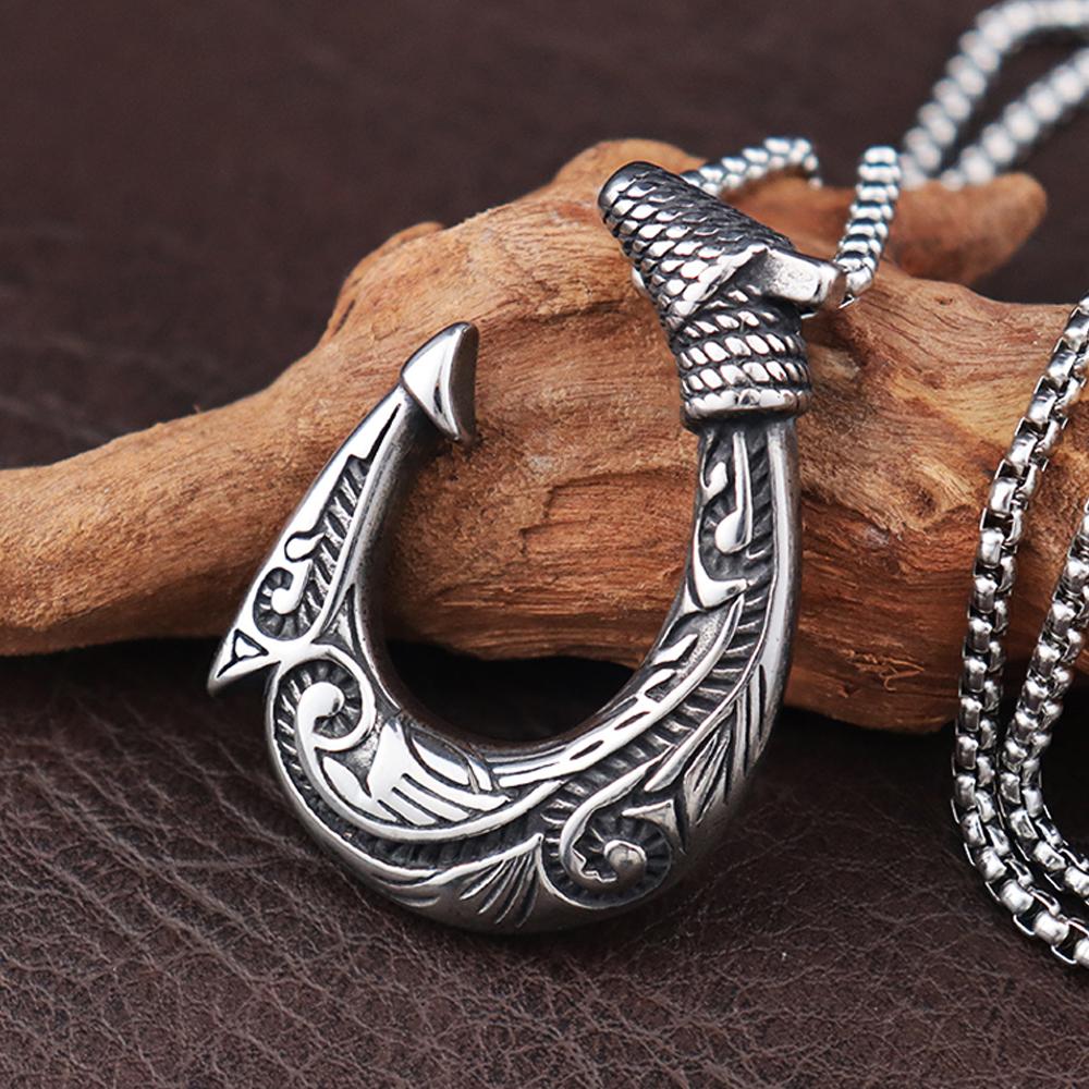 Vintage Men's Fish Hook Pendant Popular Charm Stainless Steel Viking Necklaces for Women Punk Hip Hop Party Jewelry Accessories
