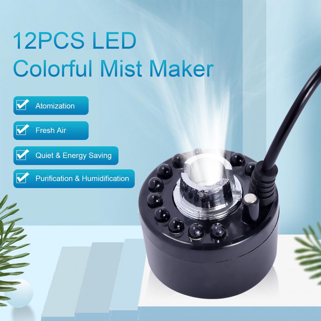 Mini Mist Maker Coloful 12 LED Indoor Tabletop Fountain Mister Foggers Small Pond Fog Machine Atomizer Fountain Air Humidifier for Aquarium Fish Tank