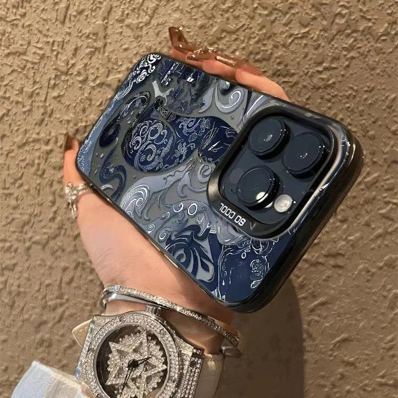 Гальванический серебряный IMD чехол для телефона для IPhone 16 15 14 13 PRO MAX 11 12 13 PRO X XS XR 7 8 Plus Милый сине-белый чехол с кошкой