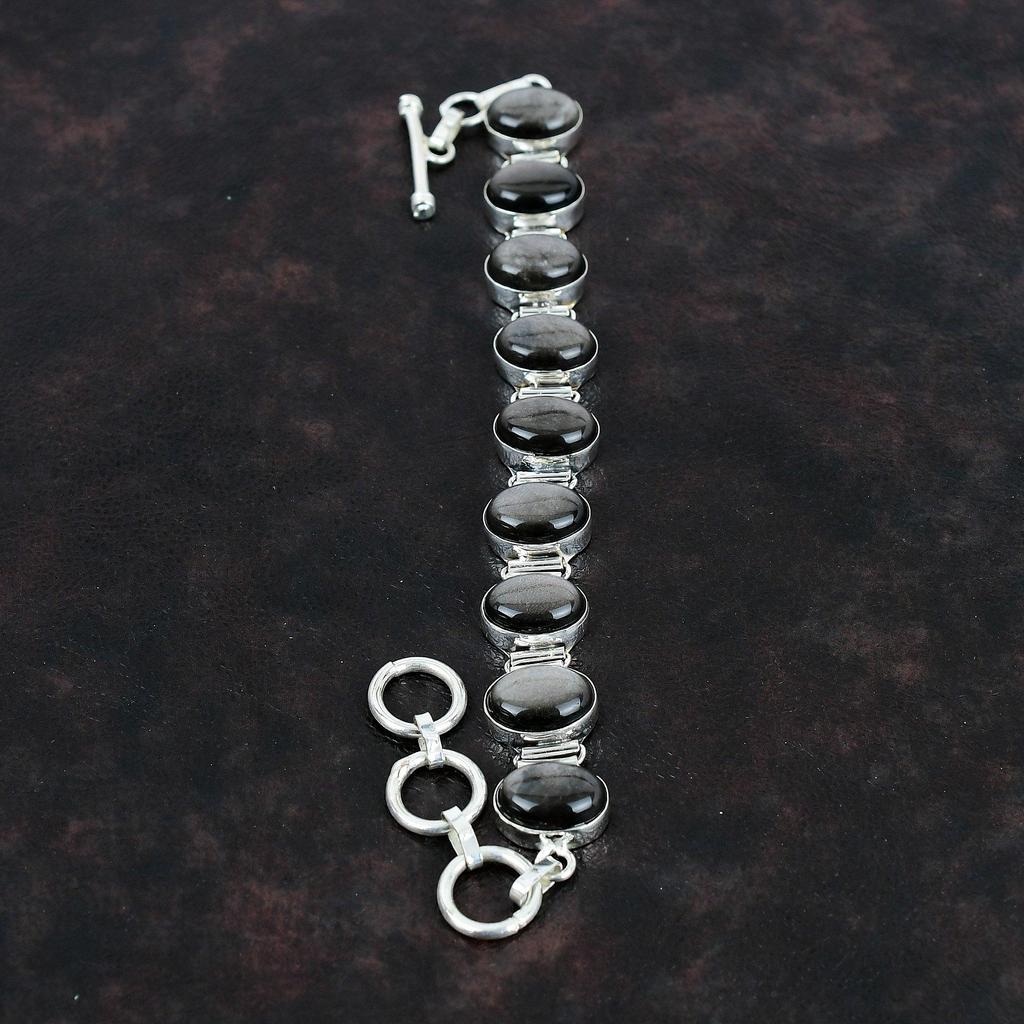 Серебряный браслет из обсидиана, браслет из стерлингового серебра 925 пробы, регулируемый браслет-цепочка, ювелирные изделия ручной работы, браслет из настоящего драгоценного камня, подарки для нее