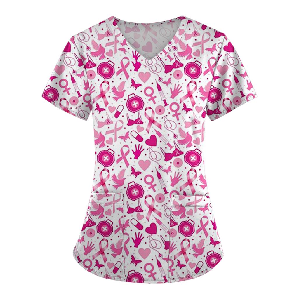 Женская модная рабочая одежда с v-образным вырезом и коротким рукавом с карманной футболкой с принтом.