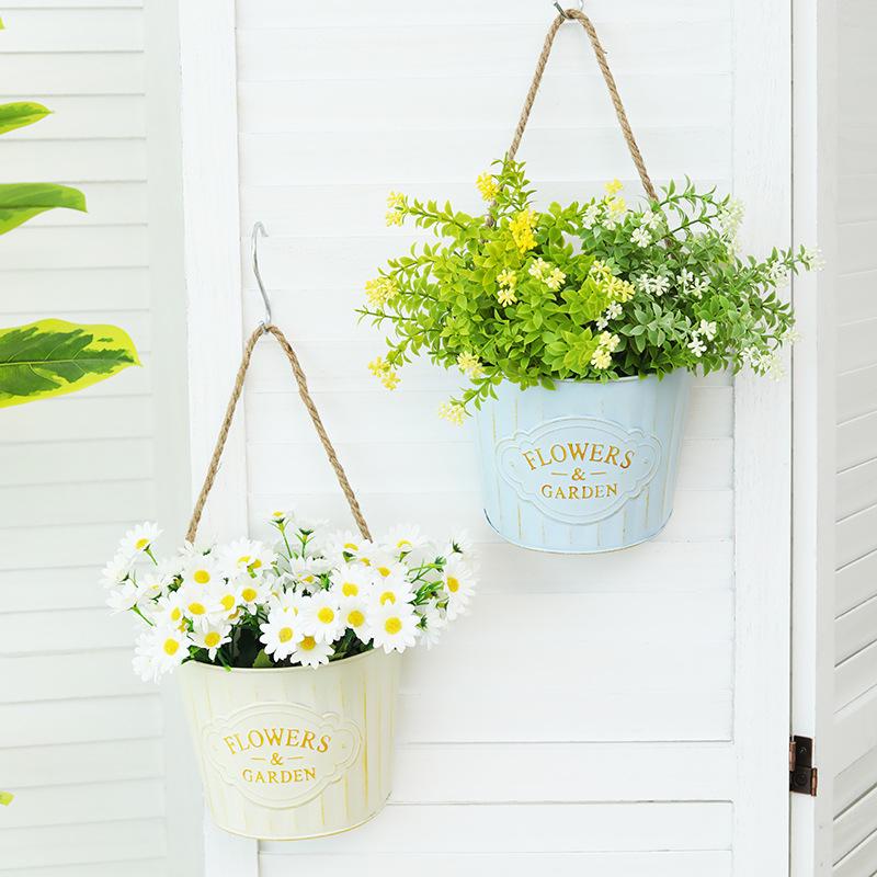 Wrought Iron Hemp Rope Semicircle Wall Hanging Flower Basket for Living Room Décor